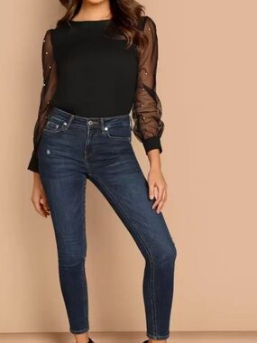 SHEIN Prive Faux Pearl Sheer Mesh Slevee Top Black Size large